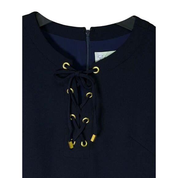 Eliza J Navy Lace-Up Neckline Sheath Dress Lined Side Slits Size-12 - Picture 5 of 10